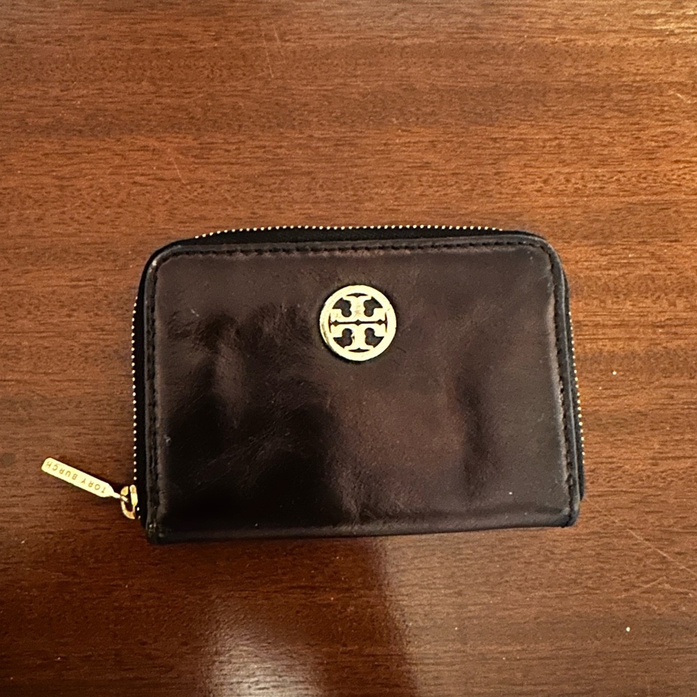Tory Burch DENA Black Distressed Leather Zippered Card Holder/Coin Case